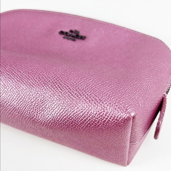 Coach Metallic Pink Pebbled Leather Zip Around Cosmetic Makeup Pouch Bag - Picture 3 of 13